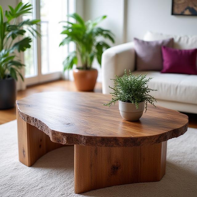 Mesa de café artesanal de madera reciclada en salón moderno